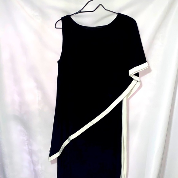 LAUREN RALPH LAUREN WO SIZE 12 DRESS ONE SHOULDER DRAPE BLACK WHITE DRESS EUC - Picture 1 of 11